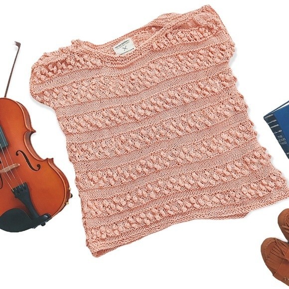 Hand Crafted Knit Bobble Stitch Coral short sleeve handmade Tee - Picture 1 of 3